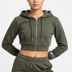 ADAM SELMAN Olive Green Cropped Hooded Hoodie Jacket Sweatshirt XS